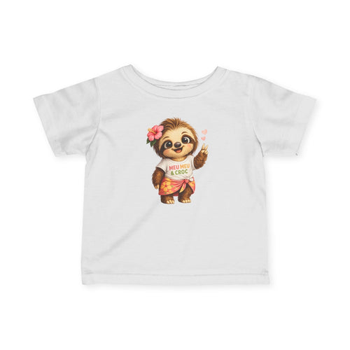 Meu Meu & Croc Tropical Store white cotton infant tee featuring a cute sloth with a hibiscus flower and aloha wave.