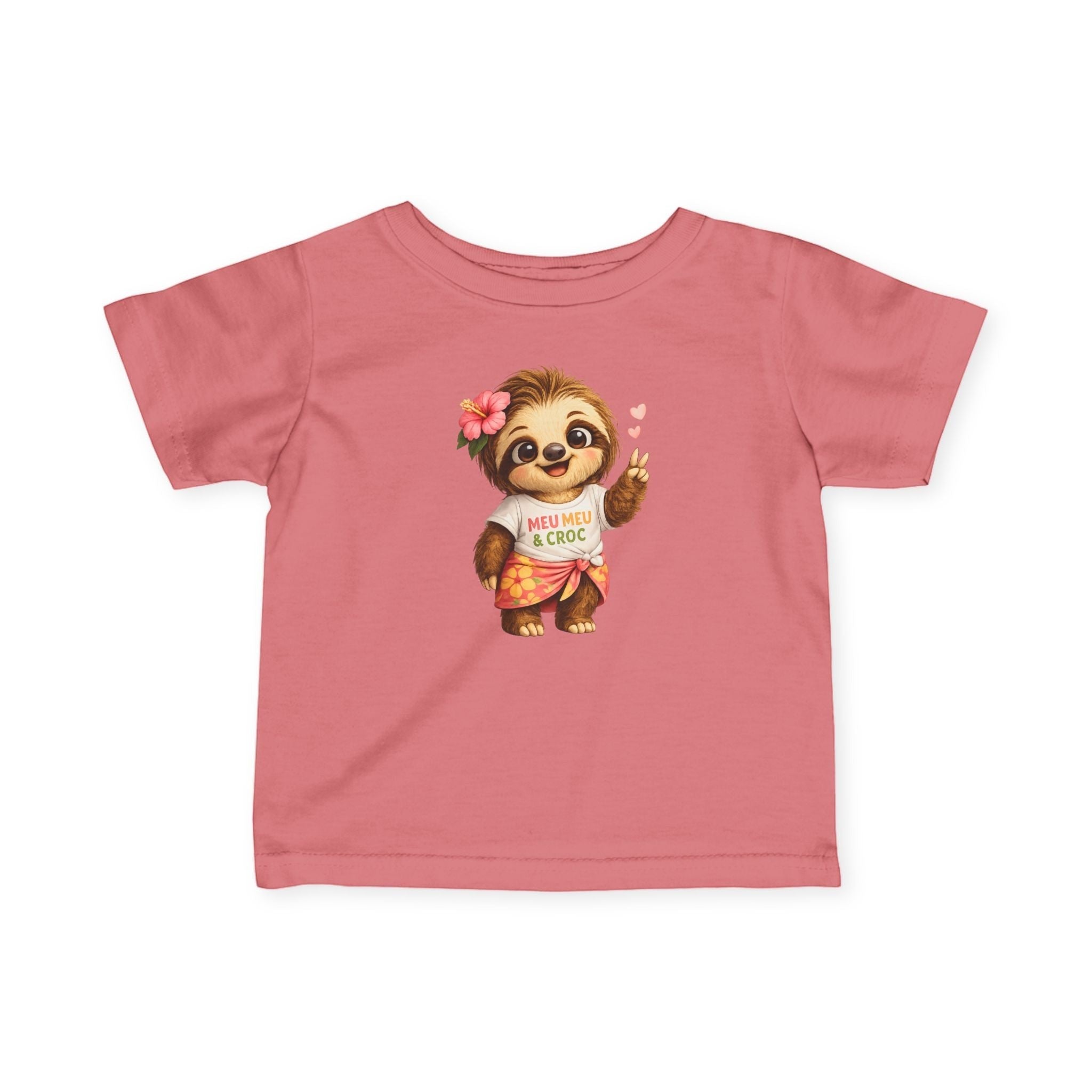 Meu Meu & Croc Tropical Store pink infant tee featuring a cute sloth with a hibiscus flower and aloha wave graphic.