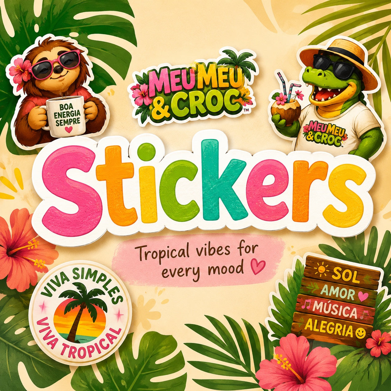Meu Meu & Croc Tropical Store kiss-cut sticker sheet featuring a sloth, crocodile, and vibrant palm leaf designs.