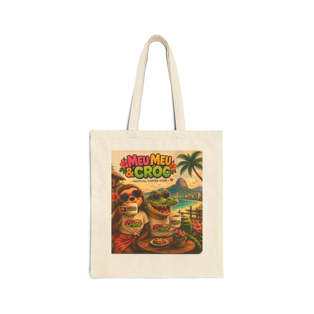 Meu Meu & Croc Tropical Store canvas tote bag with vintage beach print of a sloth and crocodile drinking coffee.