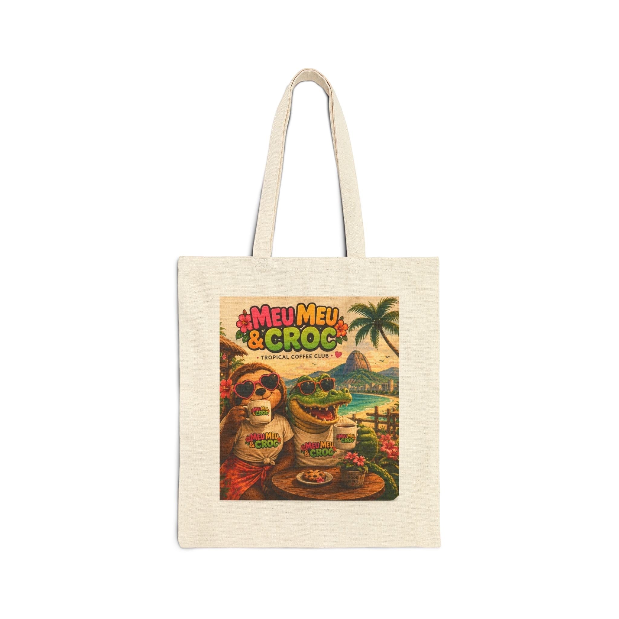 Meu Meu & Croc Tropical Store canvas tote bag with vintage beach print of a sloth and crocodile drinking coffee.