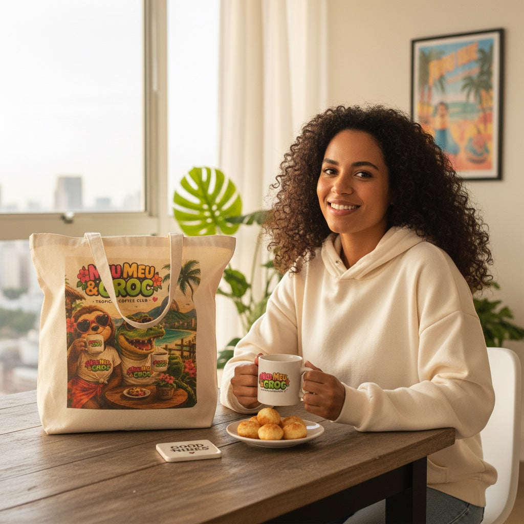 Woman smiling at a table with a Meu Meu & Croc Tropical Store canvas tote bag featuring vintage tropical artwork.