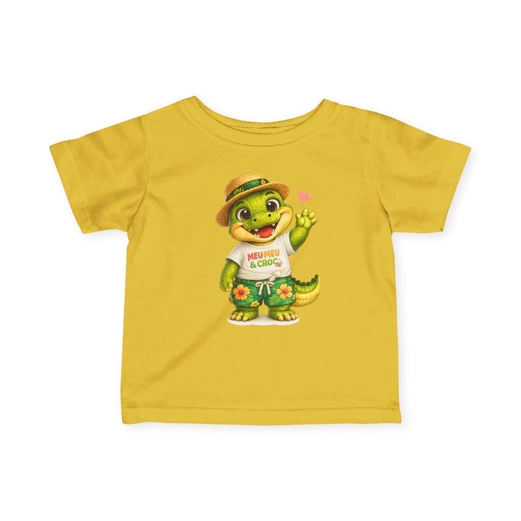 Meu Meu & Croc Tropical Store yellow infant cotton tee featuring a cute alligator in a Hawaiian shirt and straw hat.