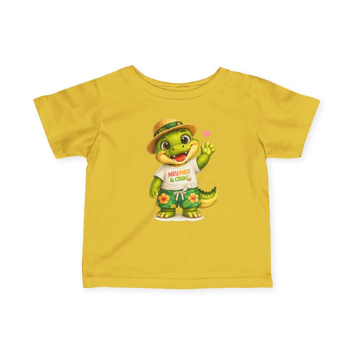 Meu Meu & Croc Tropical Store yellow infant cotton tee featuring a cute alligator in a Hawaiian shirt and straw hat.