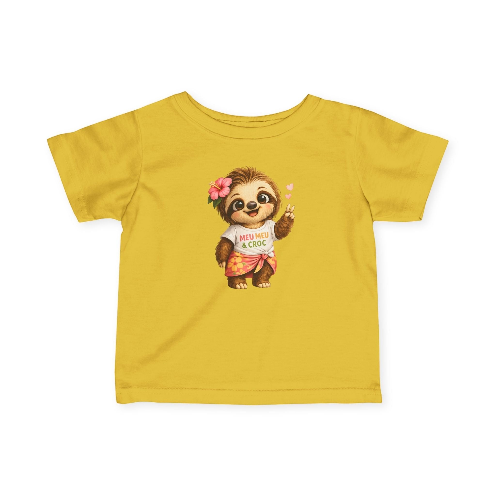 Yellow infant tee by Meu Meu & Croc Tropical Store featuring a cute sloth illustration with a hibiscus flower.